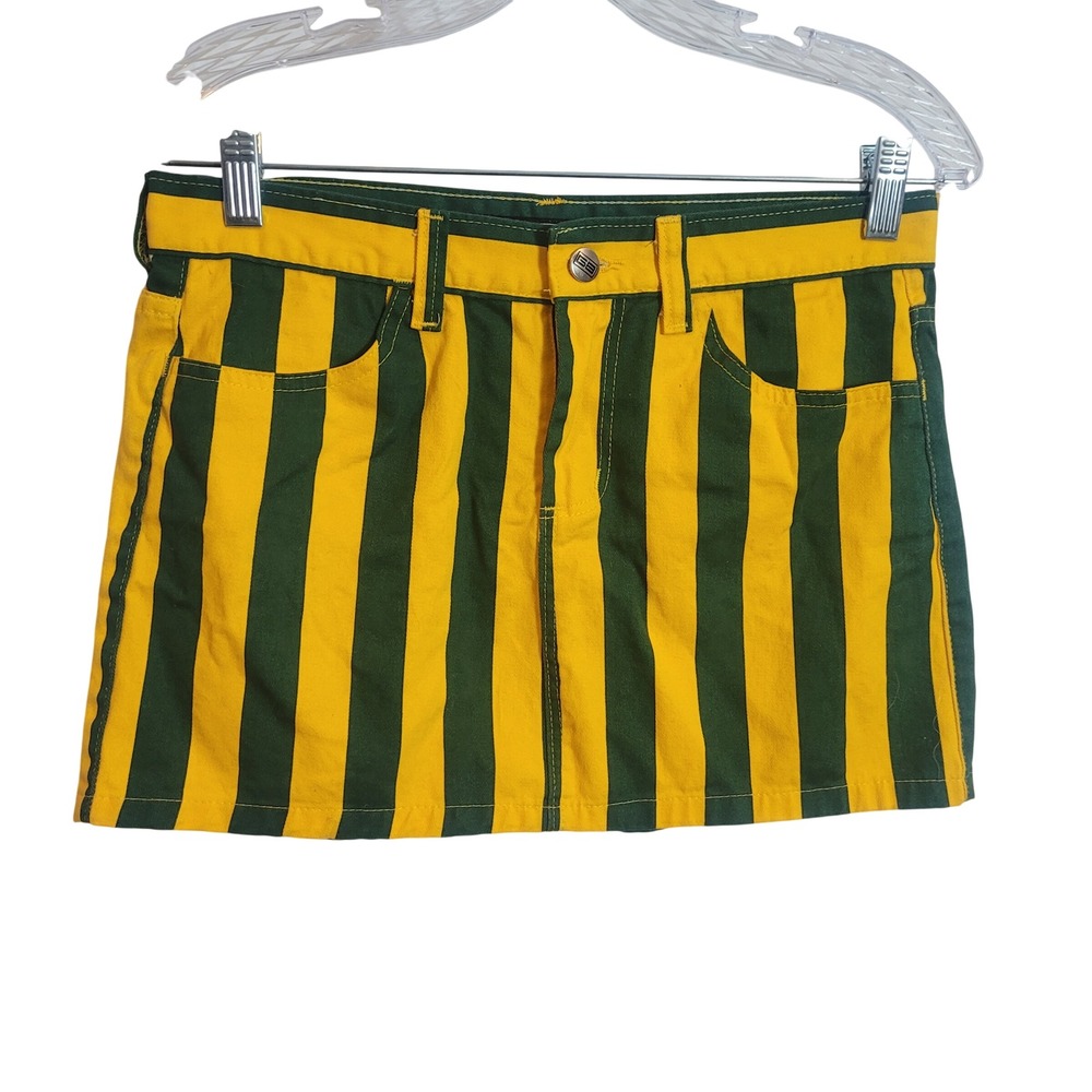 Game Bibs Women Green Yellow Striped Mini Skirt Size 2 Gameday Tailgate Cotton